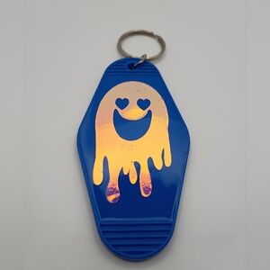 Unisex Motel Keychain Custom Retro Styled Holographic Vinyl Drippy Happy Face